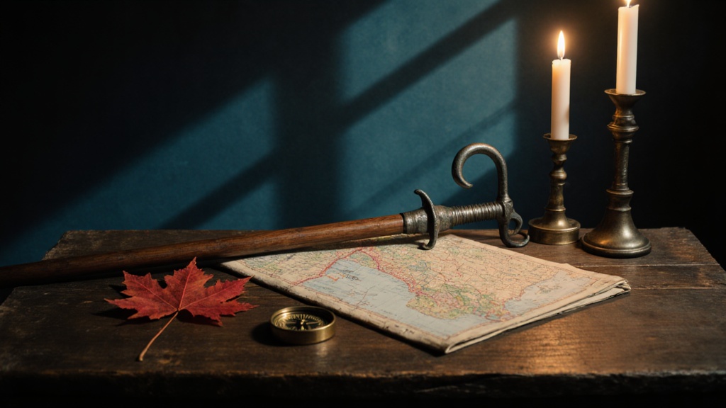 A medieval guisarme polearm resting on a wooden table beside an old map, a brass compass, a red maple leaf and lit candles.